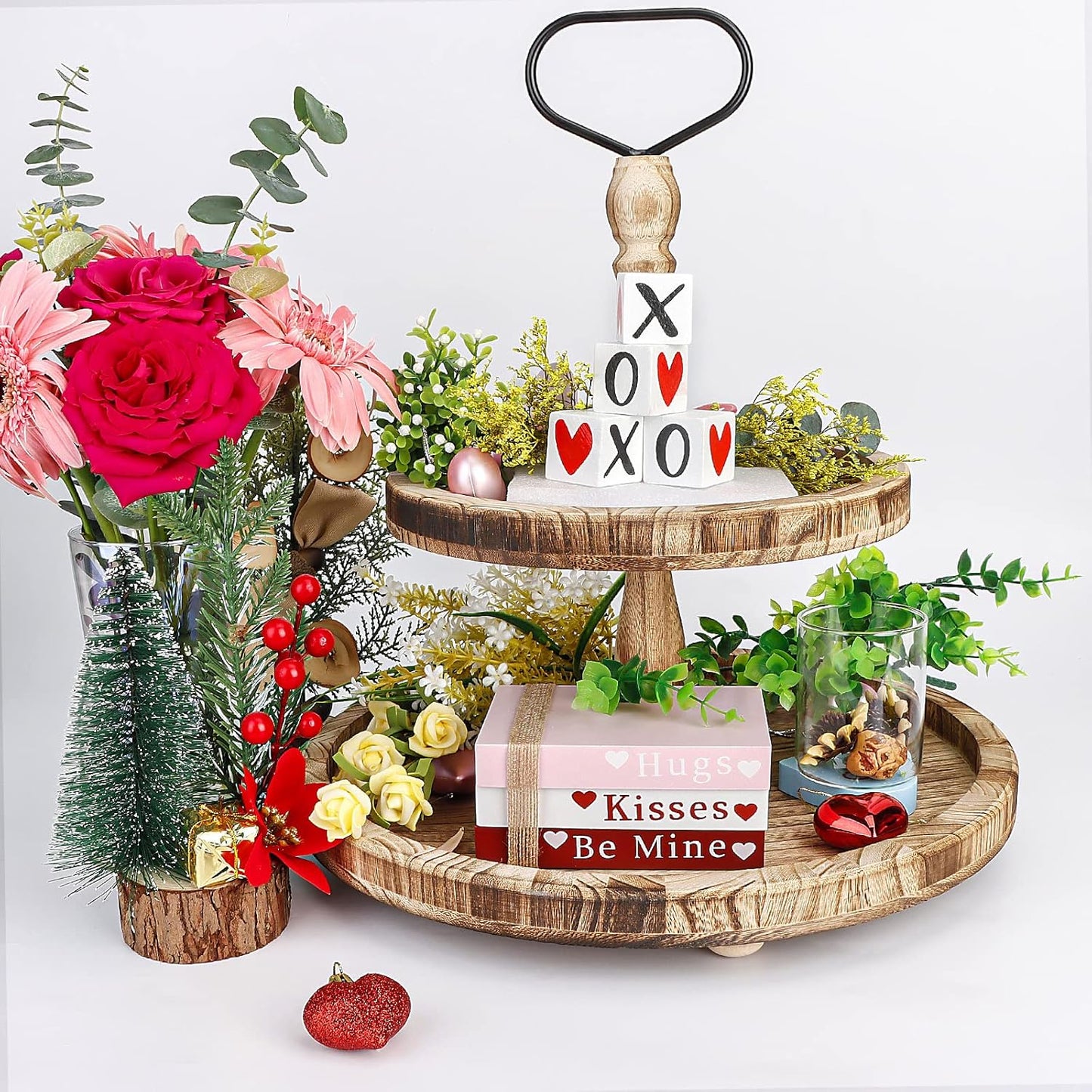 Valentines Day Decor, Wooden Book Stack with 4 XOXO Valentines Decor Signs