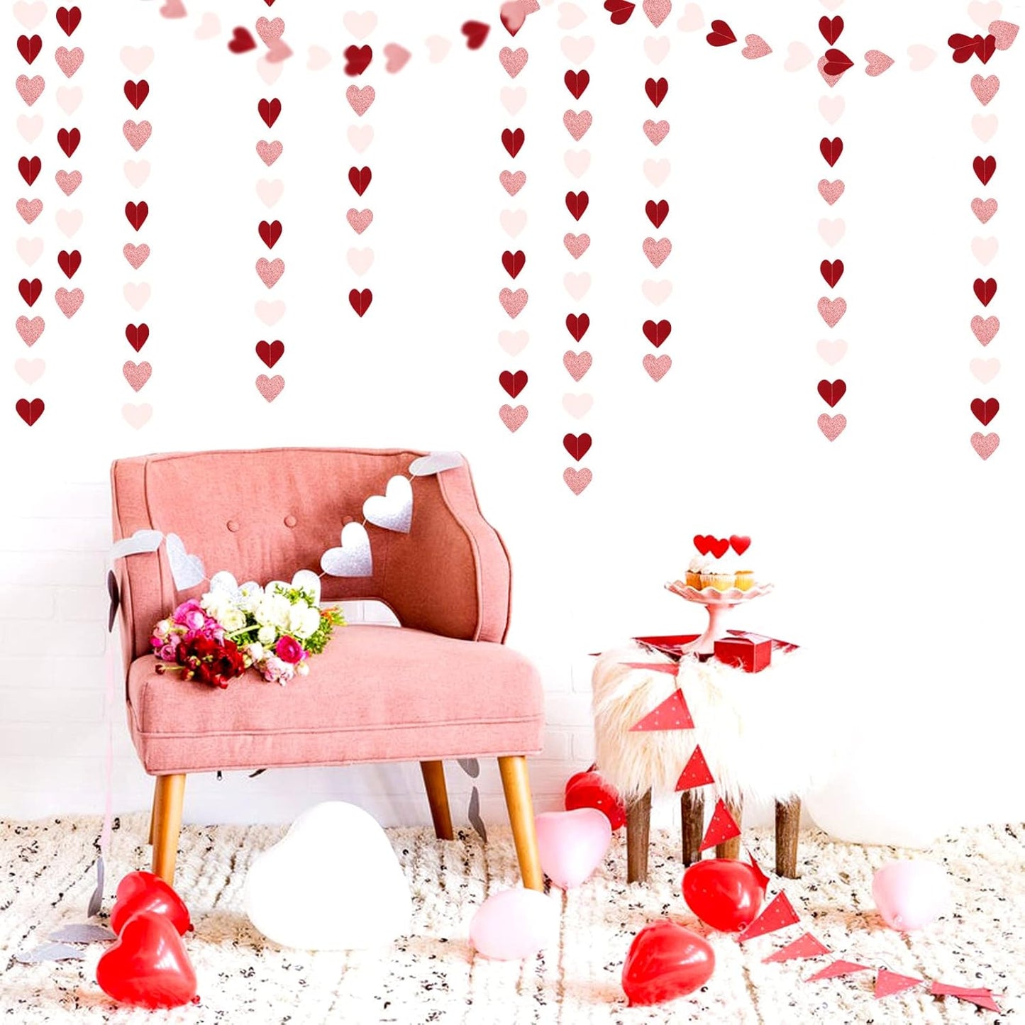 Rose-Gold Pink Burgundy-Red Party-Decorations Garland - 52Ft Heart Paper Streamers Banner