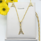 14K Gold Plated Eiffel Tower w crystals Pendant - Chain - Earrings Set Necklace