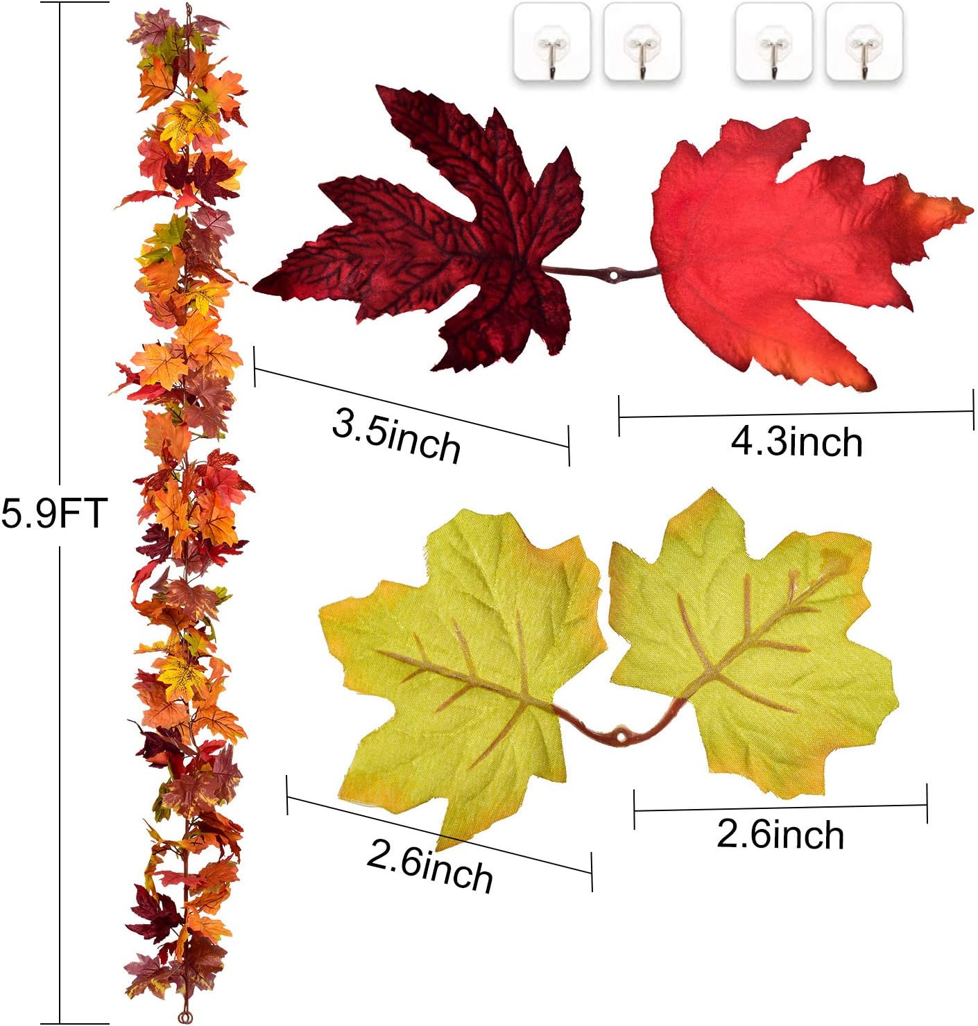2 Pack Fall Garland Maple Leaf, 5.9Ft/Piece Hanging Vine Garland Artificial Autumn Foliage Garland Thanksgiving Decor