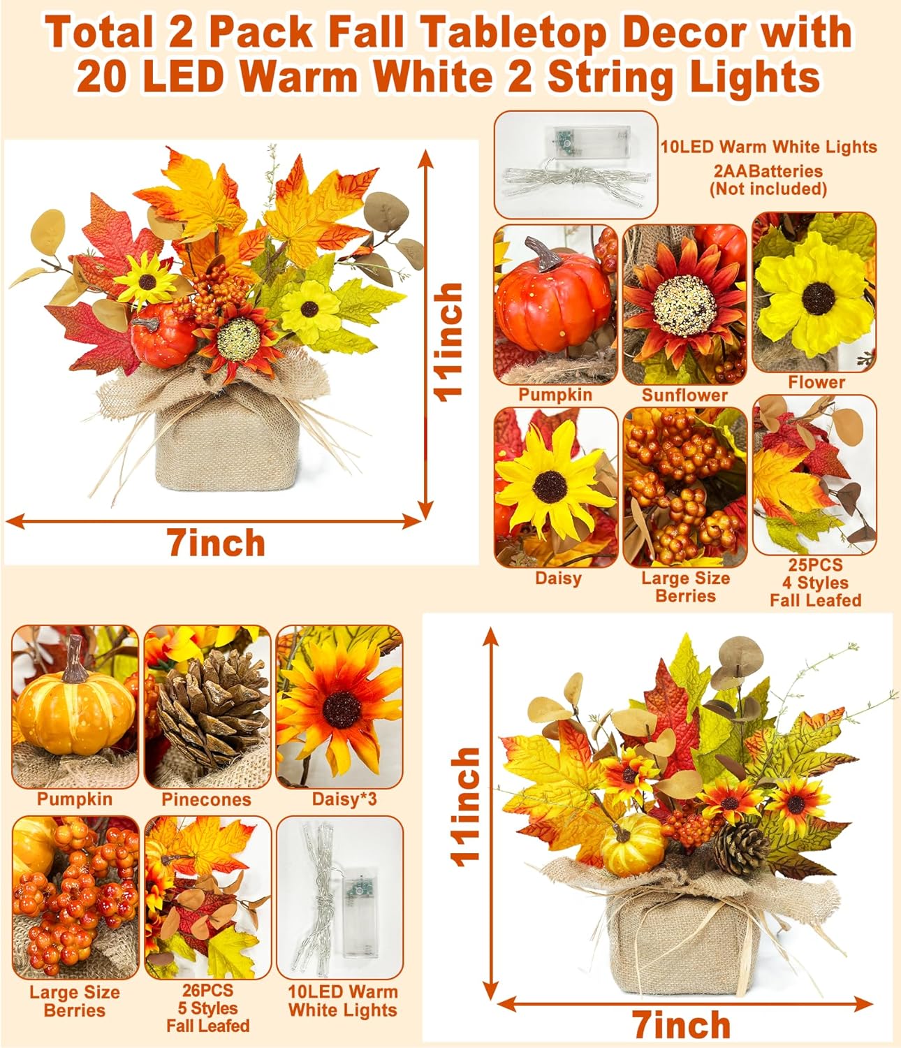 2 Pack 11 Inch Fall Maple Tree Thanksgiving Decor, Artificial Tabletop Fall Tree with 20 LEDs Battery Powered