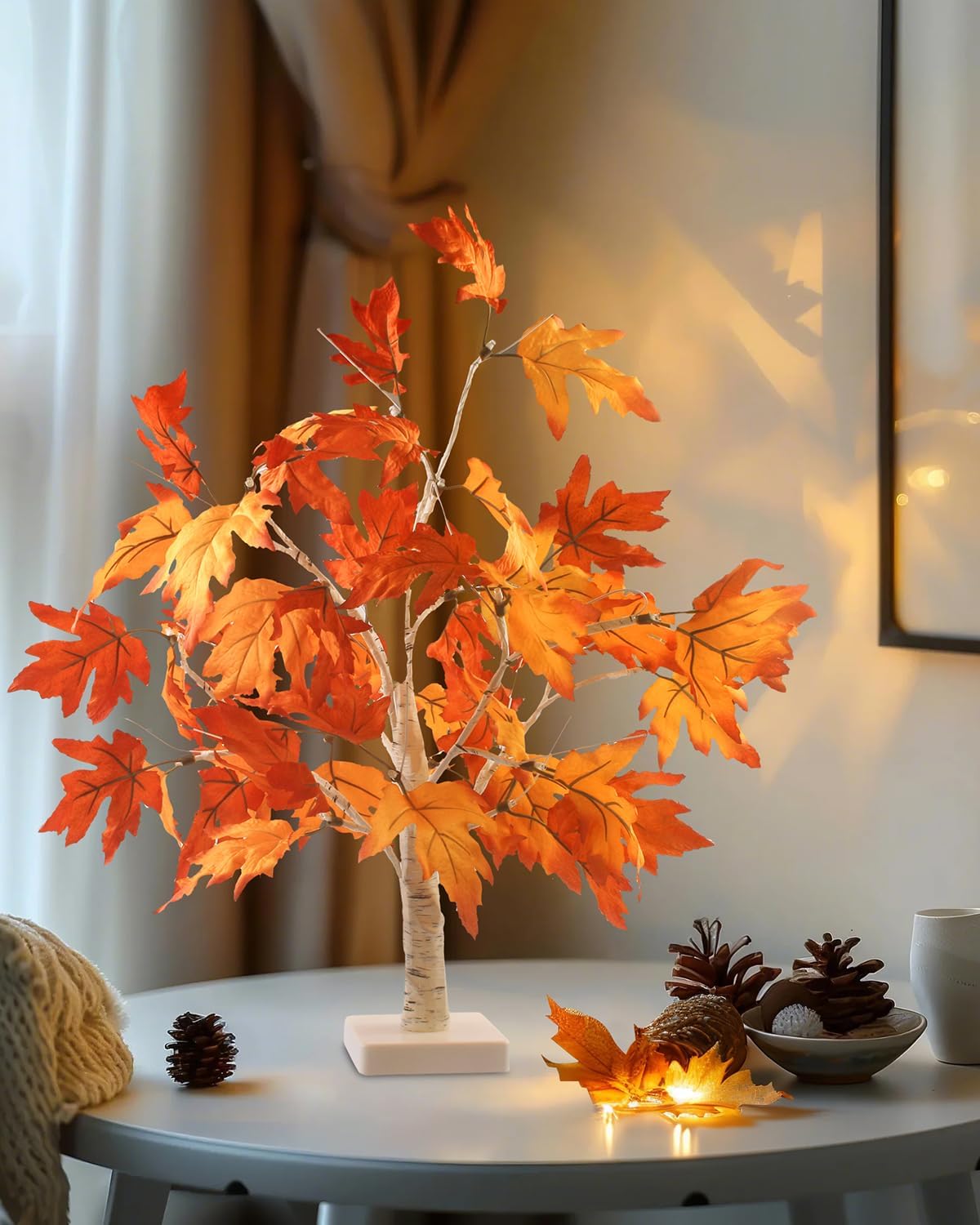 2-Packs Maple Fall Light Up Tree w/ 24 Led 22 Inches White Artificial Tree Battery Operated for Halloween Decorations Thanksgiving