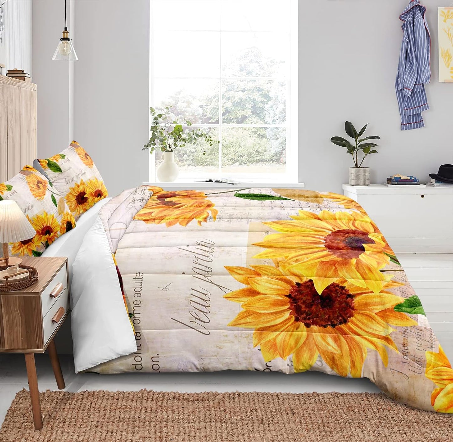 Vintage Sunflower Comforter Letter Sunflower Comforter Set Retro Sunflowers Printed (King, Letter Sunflower)