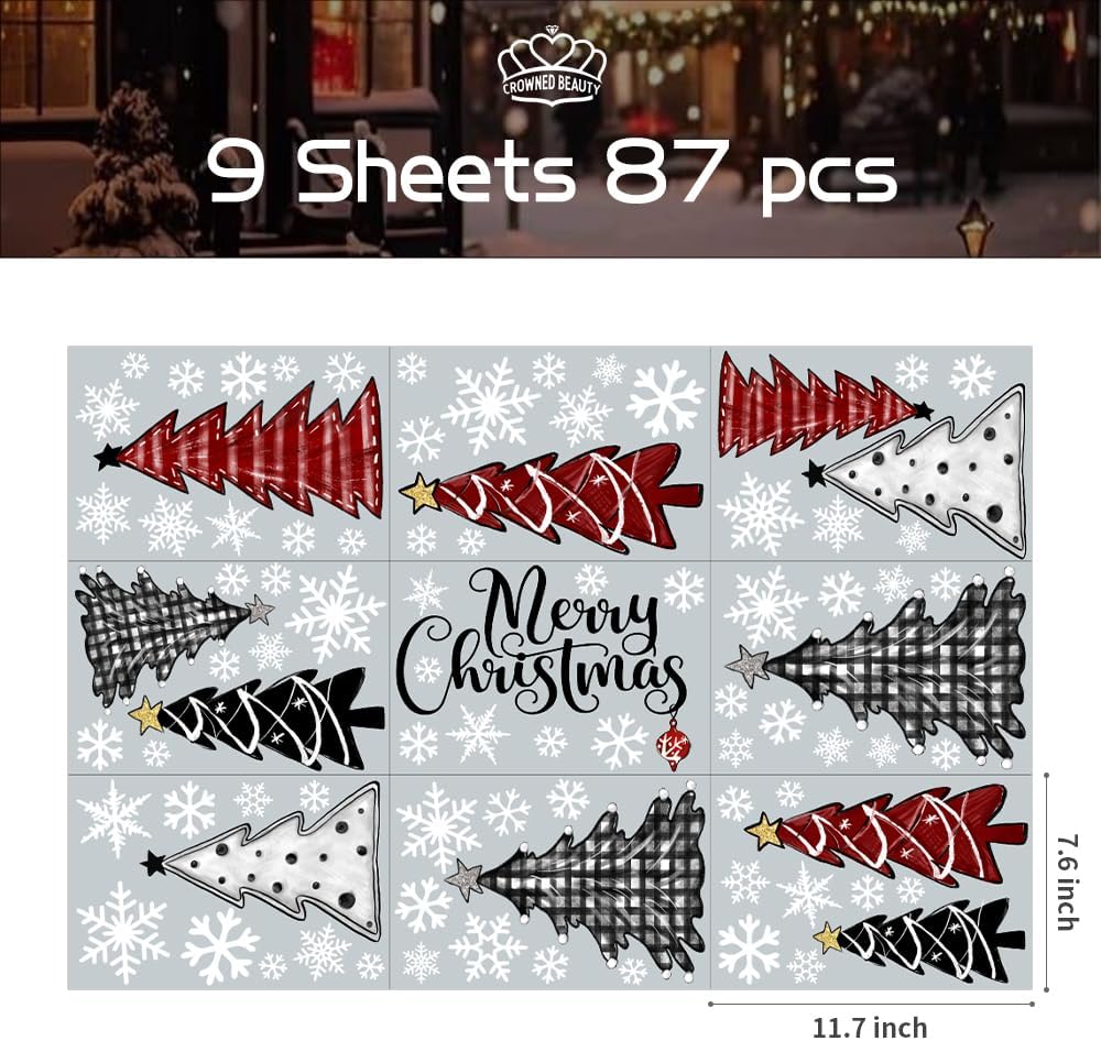 87 PCS Christmas Window Clings Xmas Trees Snowflakes Static Removable Party Supplies