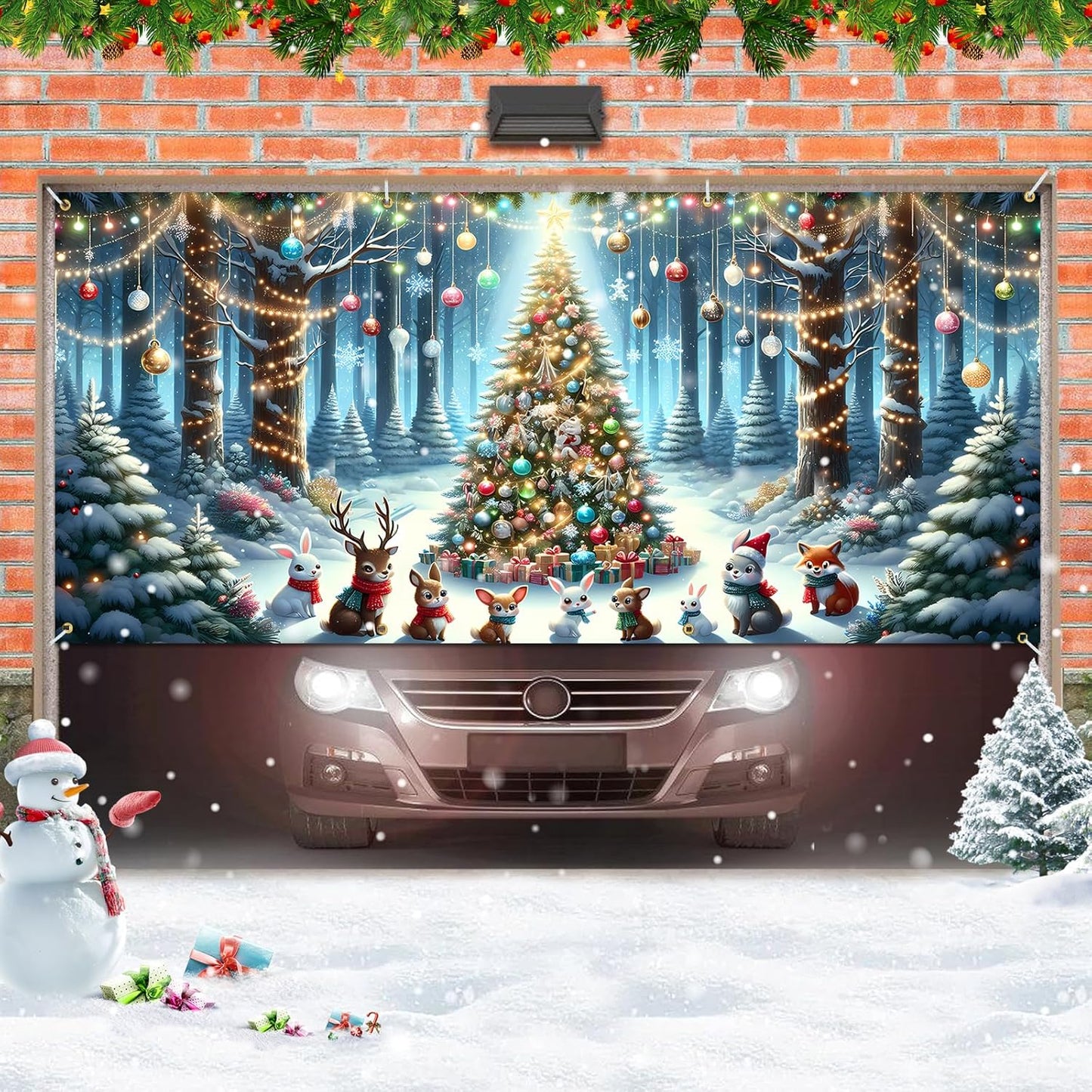 Xmas Garage Door Banner Covering Decor Large Garage Door Christmas Mural Backdrop Background, 13x6 ft