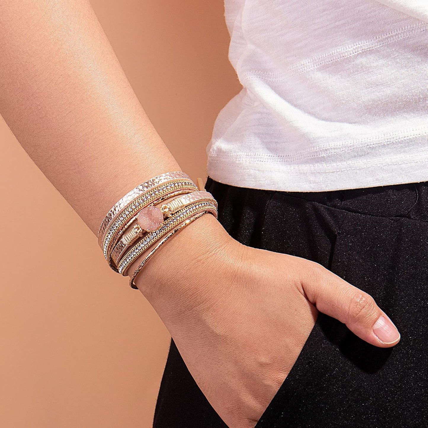 Boho Wrap Bracelets Leather Cuff Bracelet Bohemian Jewelry Resin Stone Leather Necklace with Clasp for Women, Rose Gold