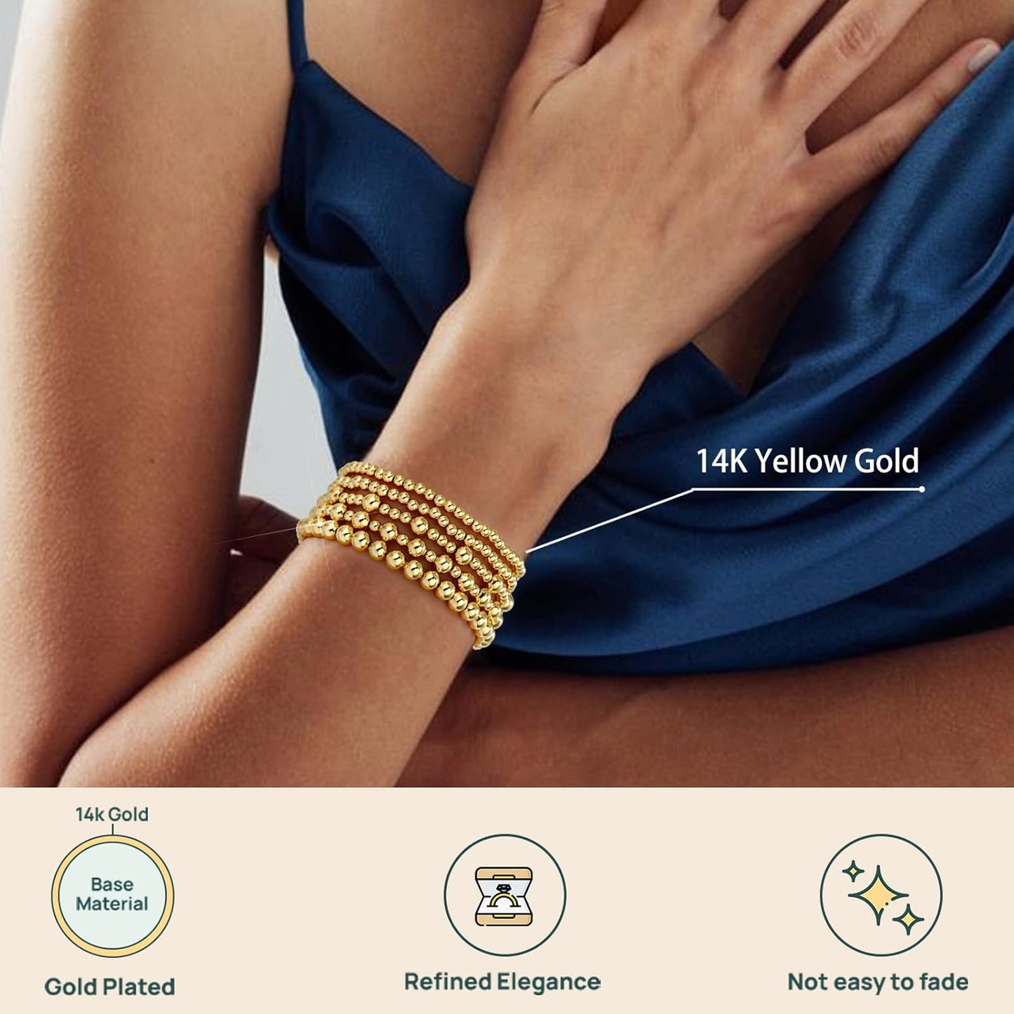 Gold Bracelets for Women, 14K Gold Plated Beaded Bracelets Gold Strand Bead Ball Bracelet stack Set Adjustable Bracelet Set Jewelry for Gifts