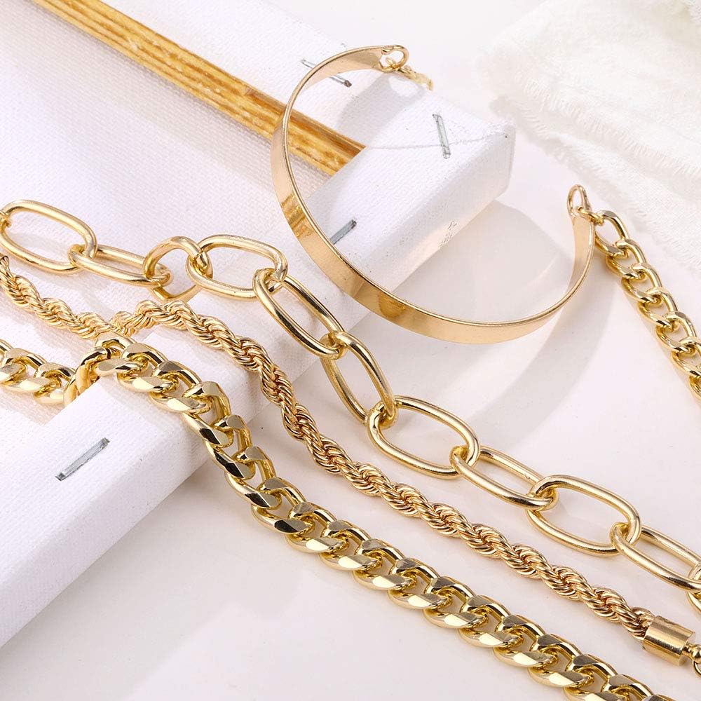 Gold Bracelets for Women, 14K Gold Plated Dainty Layered Chain Bracelets Adjustable Cute Bangle Link Bracelet Set