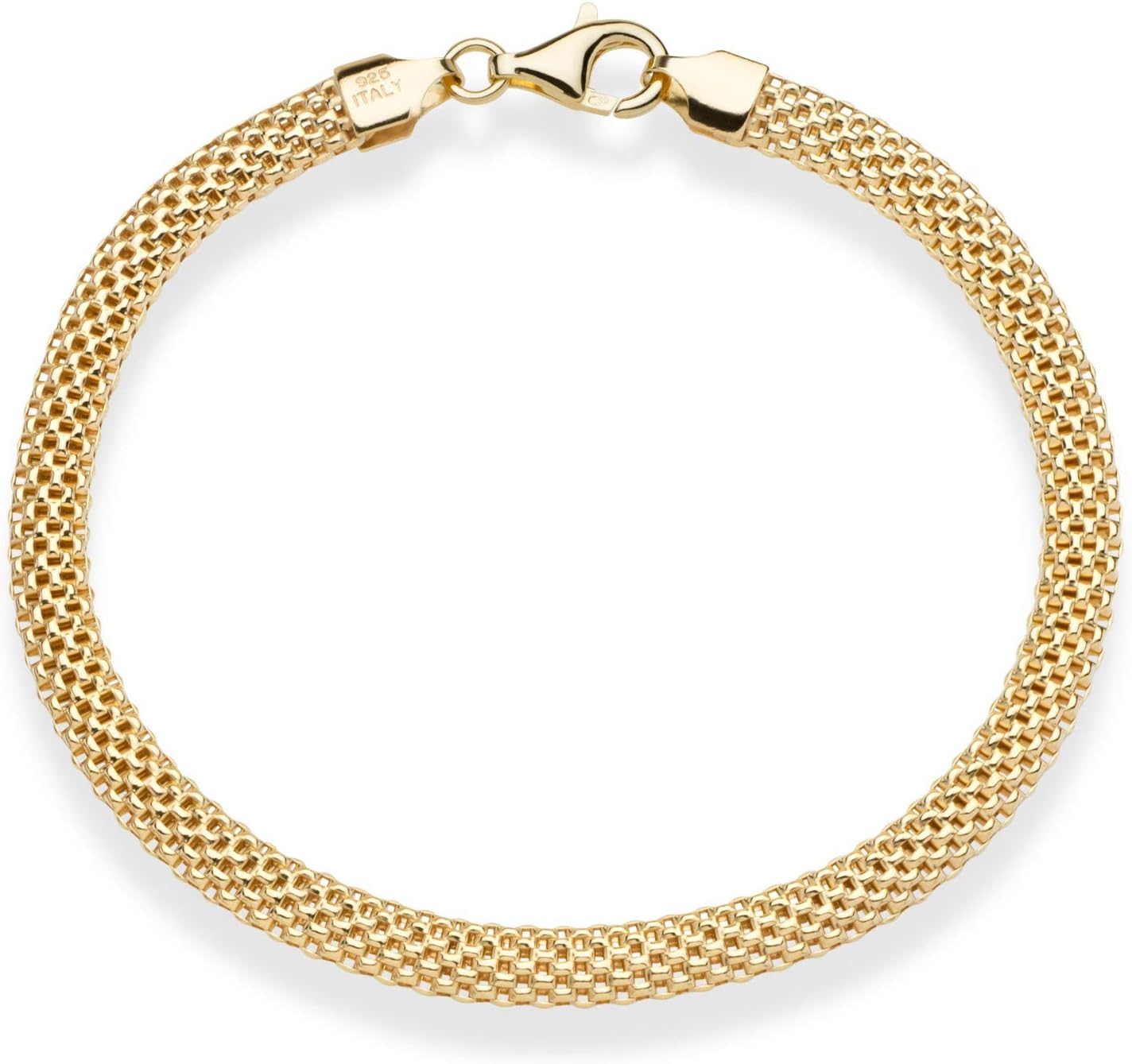 18K Gold Over Sterling Silver Italian 5mm Mesh Link Chain Bracelet for Women, 925 Made in Italy