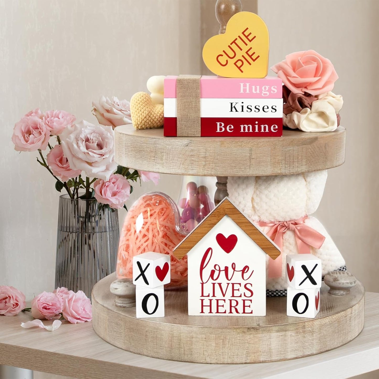 Valentines Day Decorations, Valentine Wood Book Stack with XOXO Blocks for Table Shelf Tiered Tray Decor