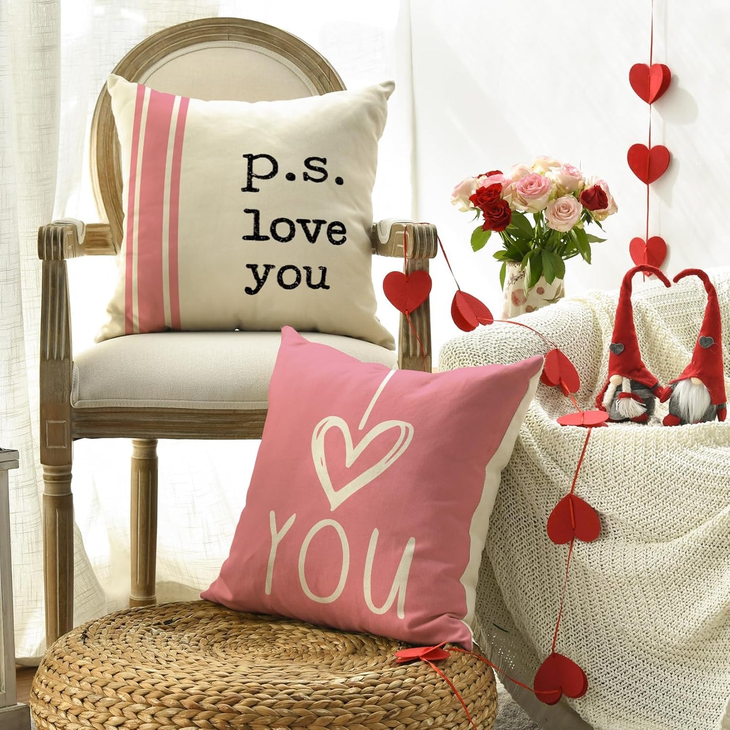 Valentine's Day I Love You Throw Pillow Covers, 18 x 18 Inch Pink Valentine Heart Stripes