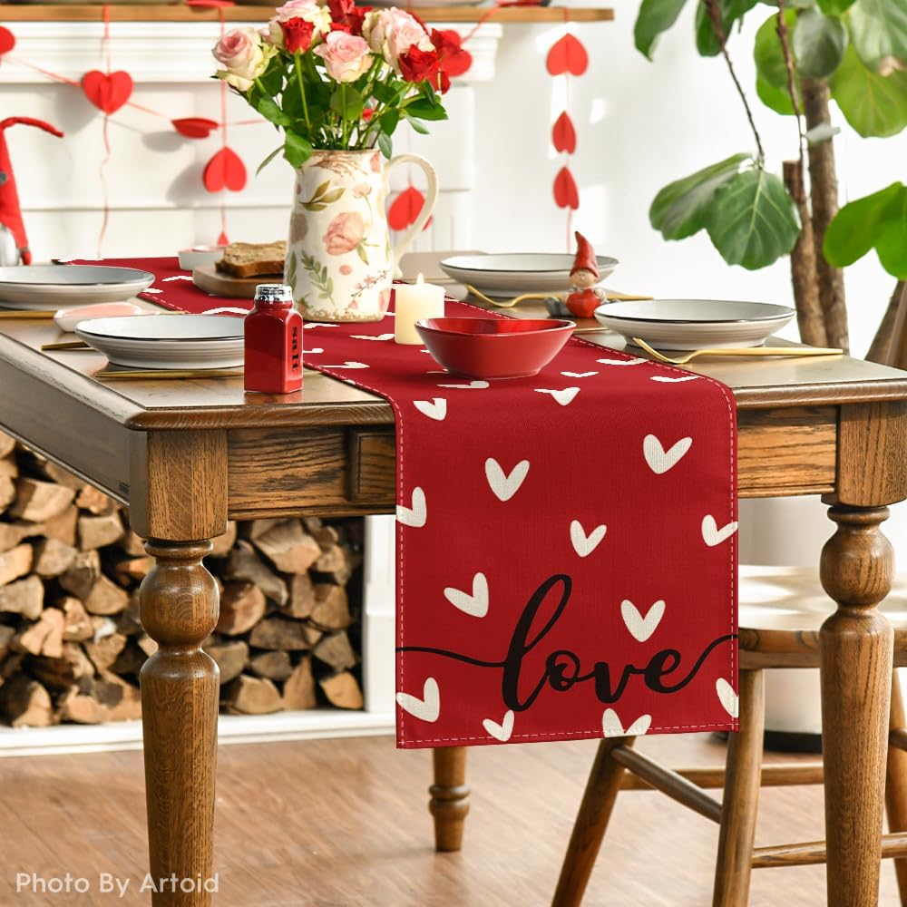 Red Love Valentine's Day Table Runner, Seasonal Anniversary Kitchen Dining Table Decoration for Indoor Home Party 13x72 Inch