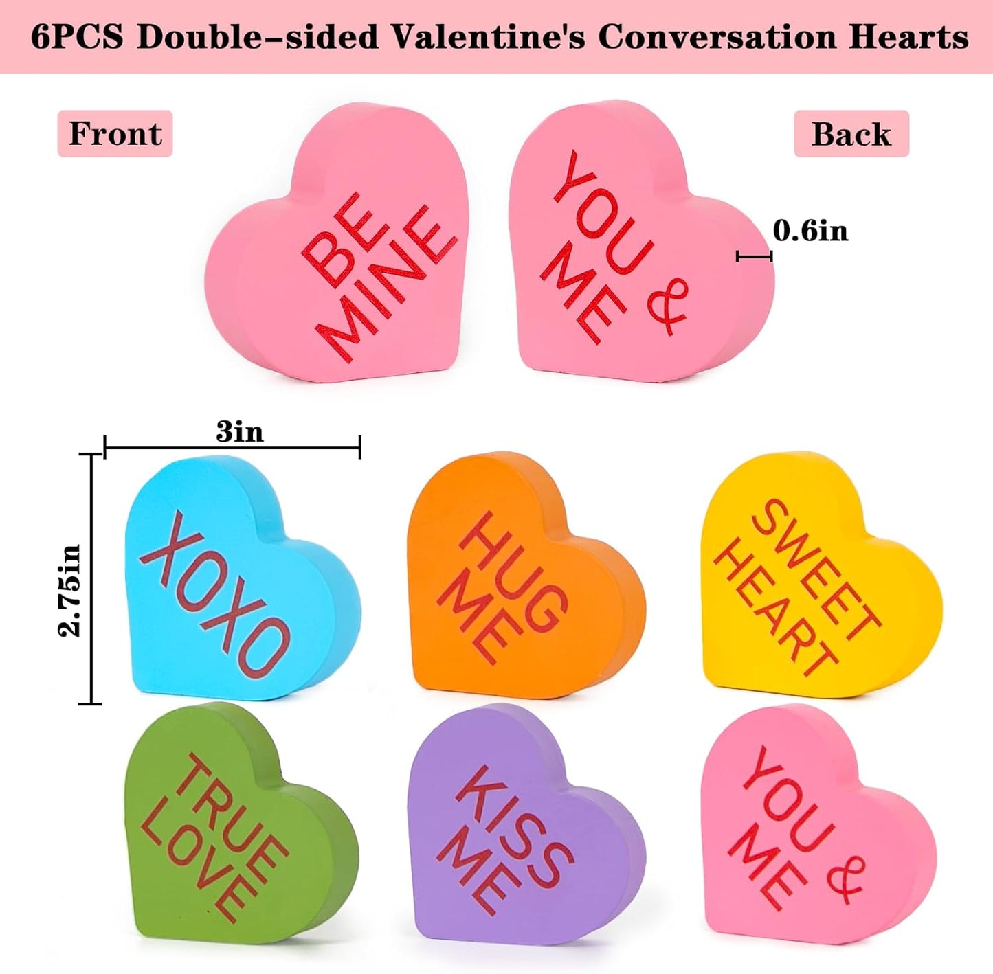 Valentines Day Decor - 6PCS Double-sided Wooden Valentine's Conversation Hearts for Tiered Tray Shelf Mantel Decor