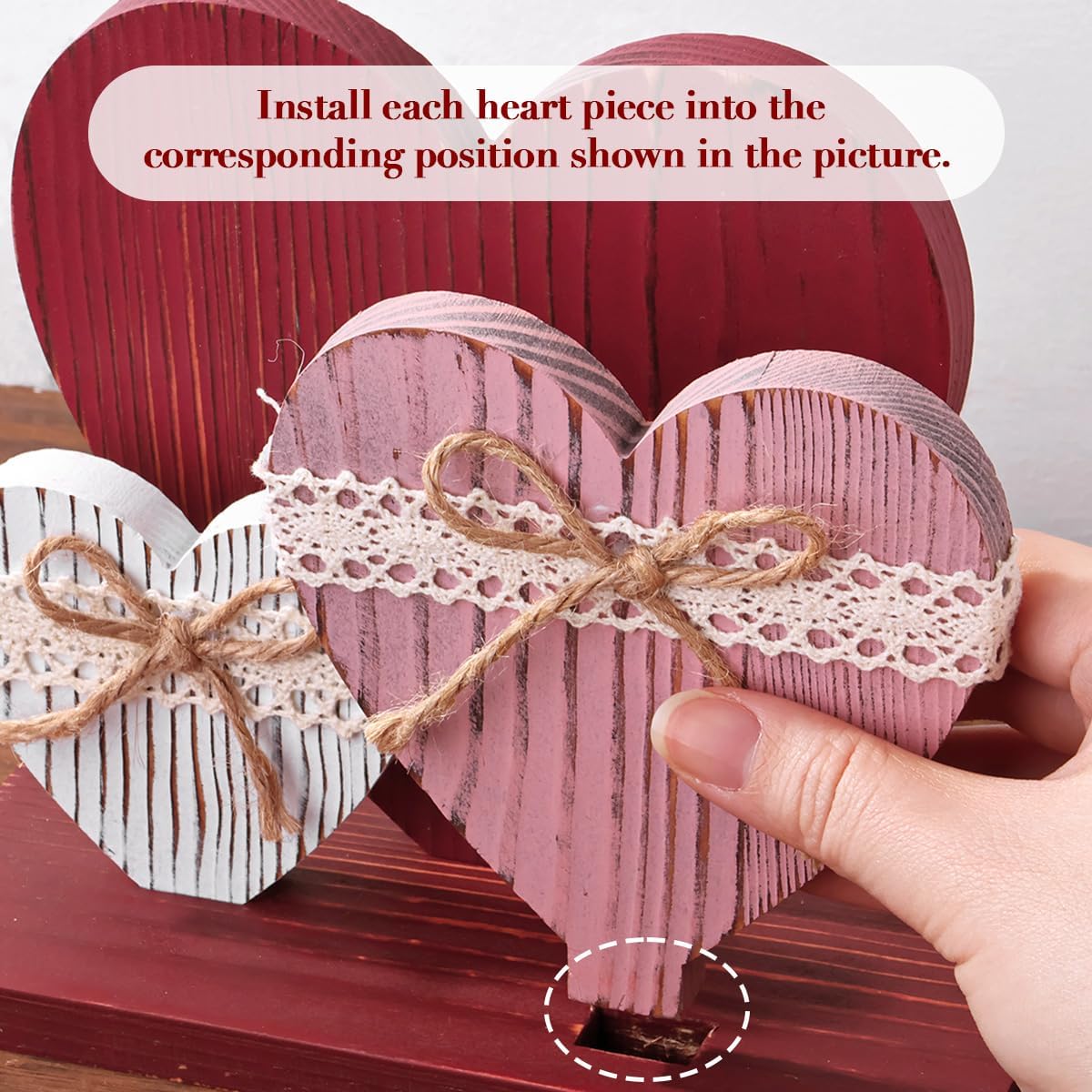Rustic Red Pink White Wood Heart Table Valentines Day Decor Sign