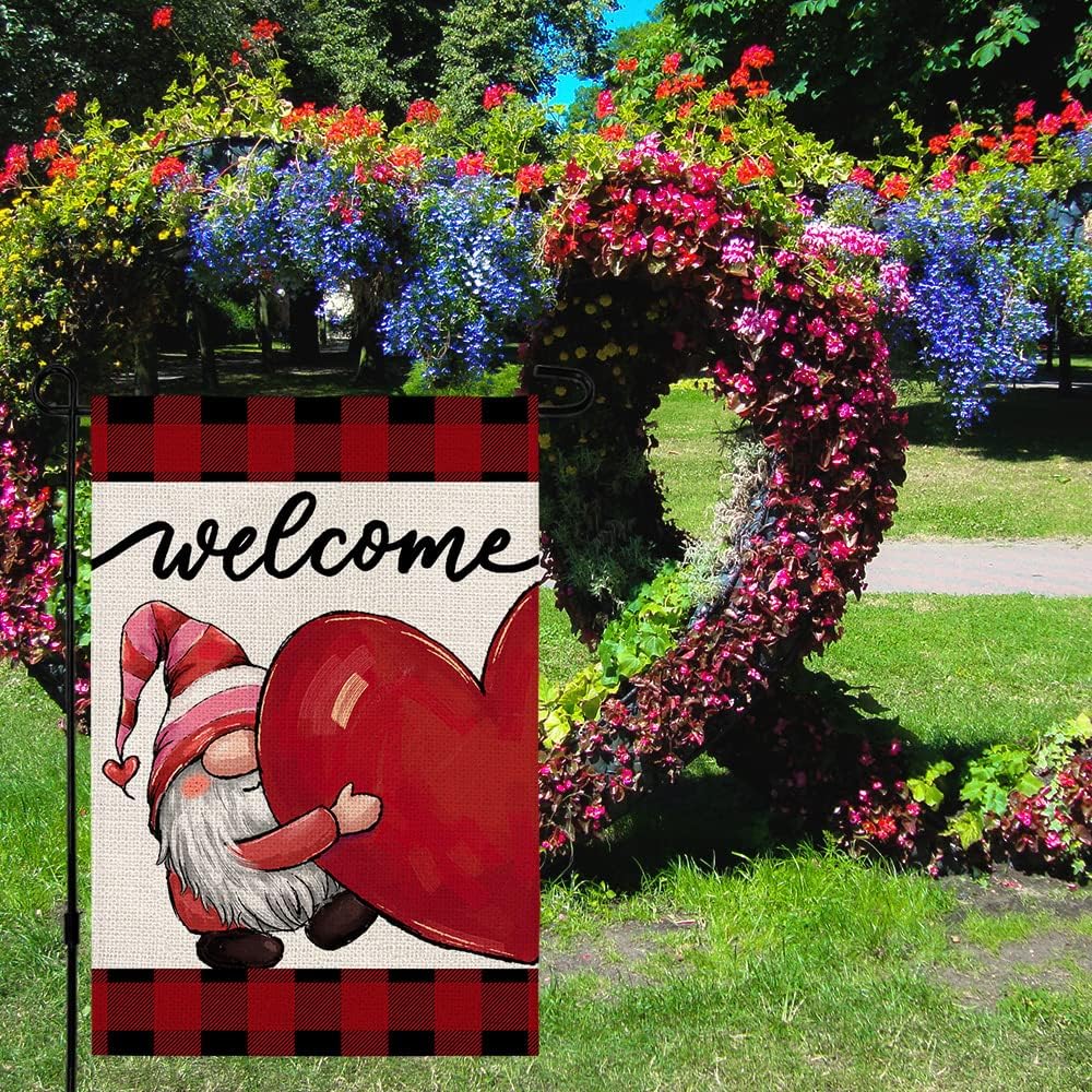 Welcome Gnome Love Heart Garden Flag Vertical Double Sided 12×18 Inch