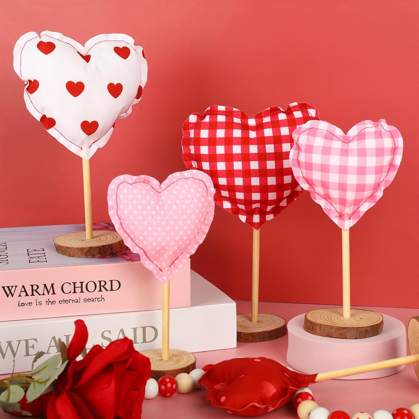 5Pcs Valentine's Day Fabric Tall Standing Heart Block Set Heart Tabletop Centerpiece Sign Wood Valentine Heart Standing Blocks