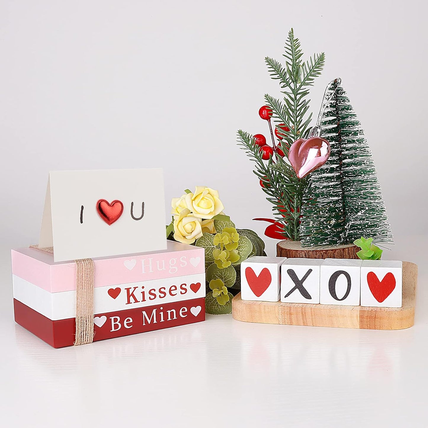 Valentines Day Decor, Wooden Book Stack with 4 XOXO Valentines Decor Signs