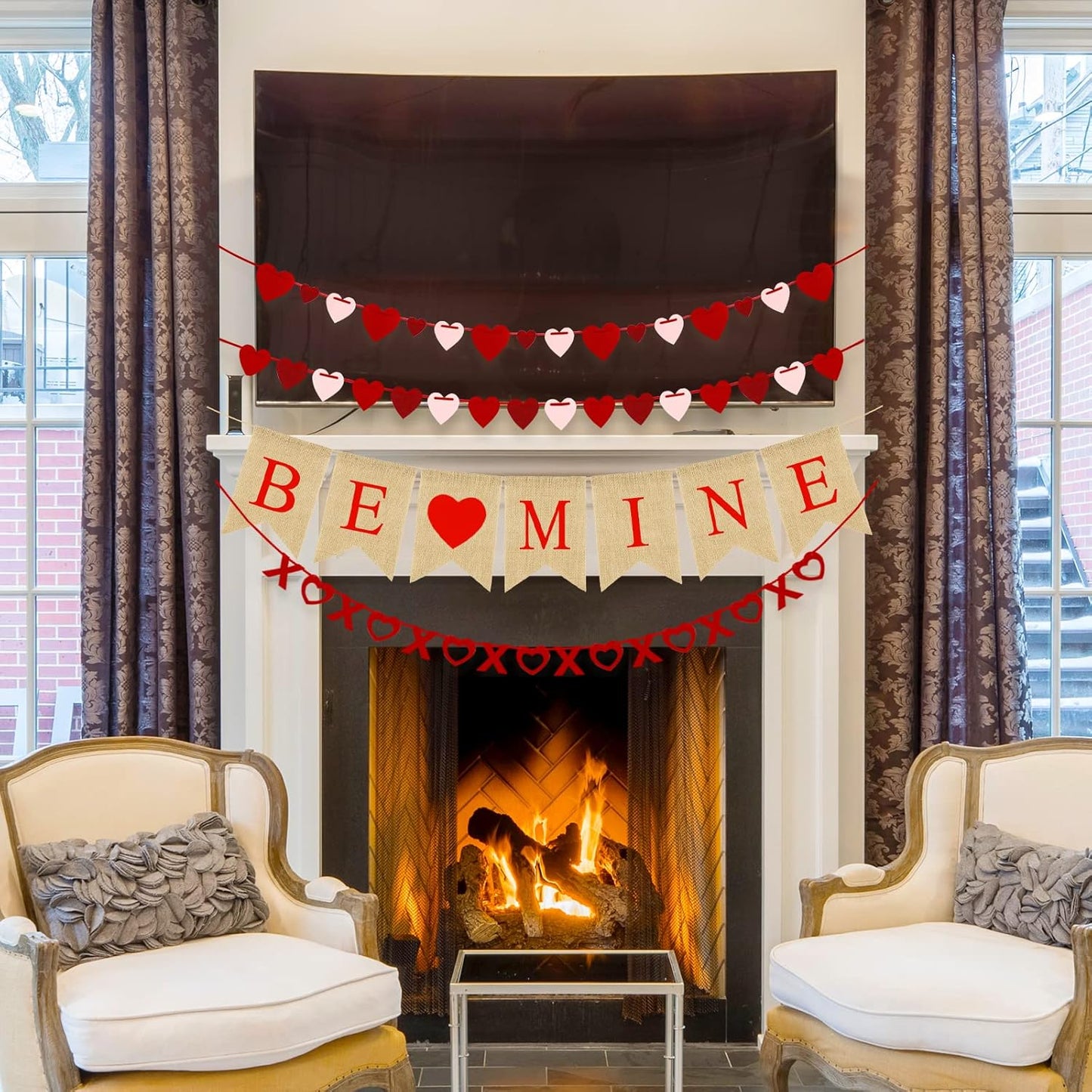 4Pcs Valentines Day Decorations Set No DIY Required BE MINE Love Heart XO Garlands Banner