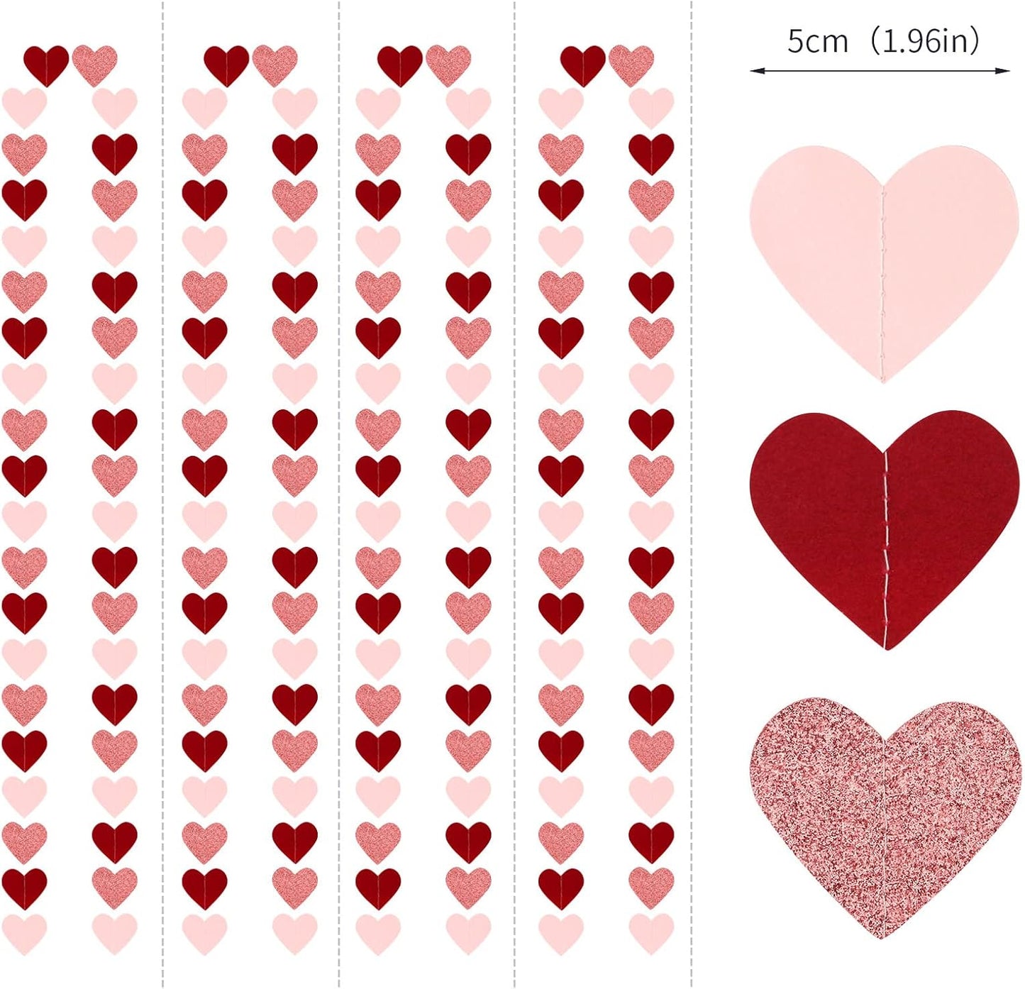 Rose-Gold Pink Burgundy-Red Party-Decorations Garland - 52Ft Heart Paper Streamers Banner