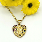 14K Gold Plated Our Lady of Guadalupe Multicolor CZ Wings Heart Pendant Necklace