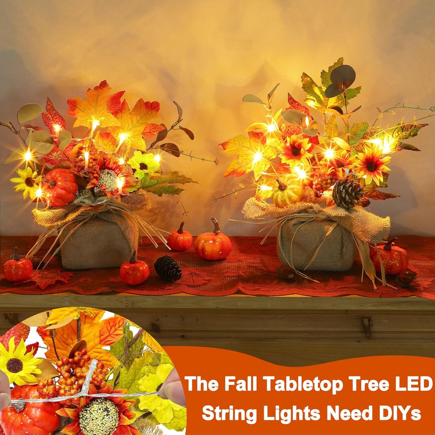 2 Pack 11 Inch Fall Maple Tree Thanksgiving Decor, Artificial Tabletop Fall Tree with 20 LEDs Battery Powered
