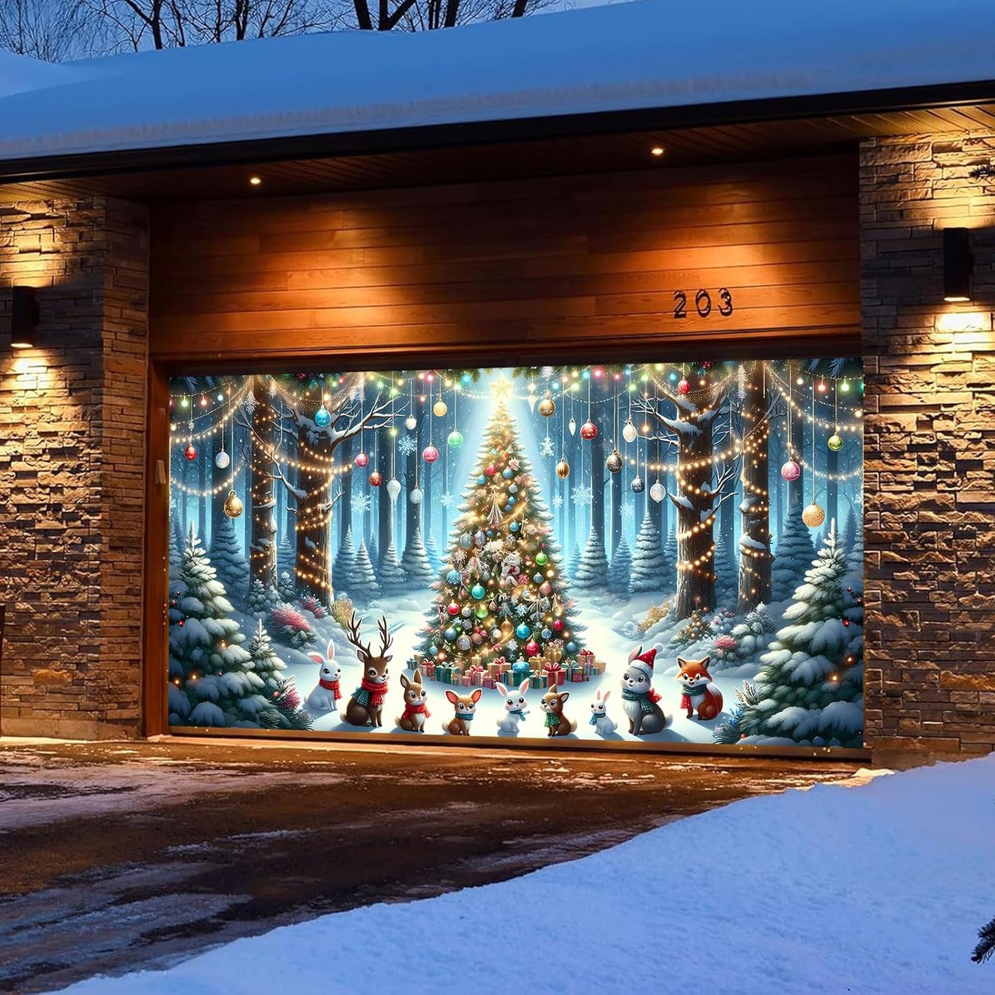 Xmas Garage Door Banner Covering Decor Large Garage Door Christmas Mural Backdrop Background, 13x6 ft
