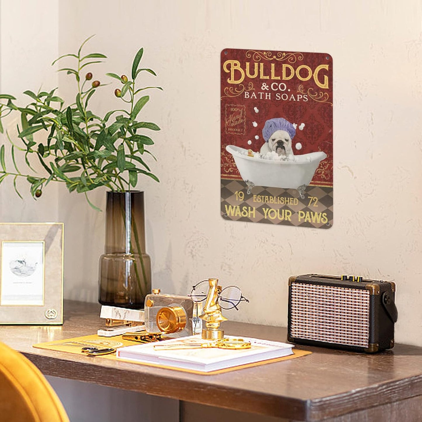 Bulldog Bath Wah Your Paws Poster Metal Signs Wall Art Decor, 8 x 12 inches