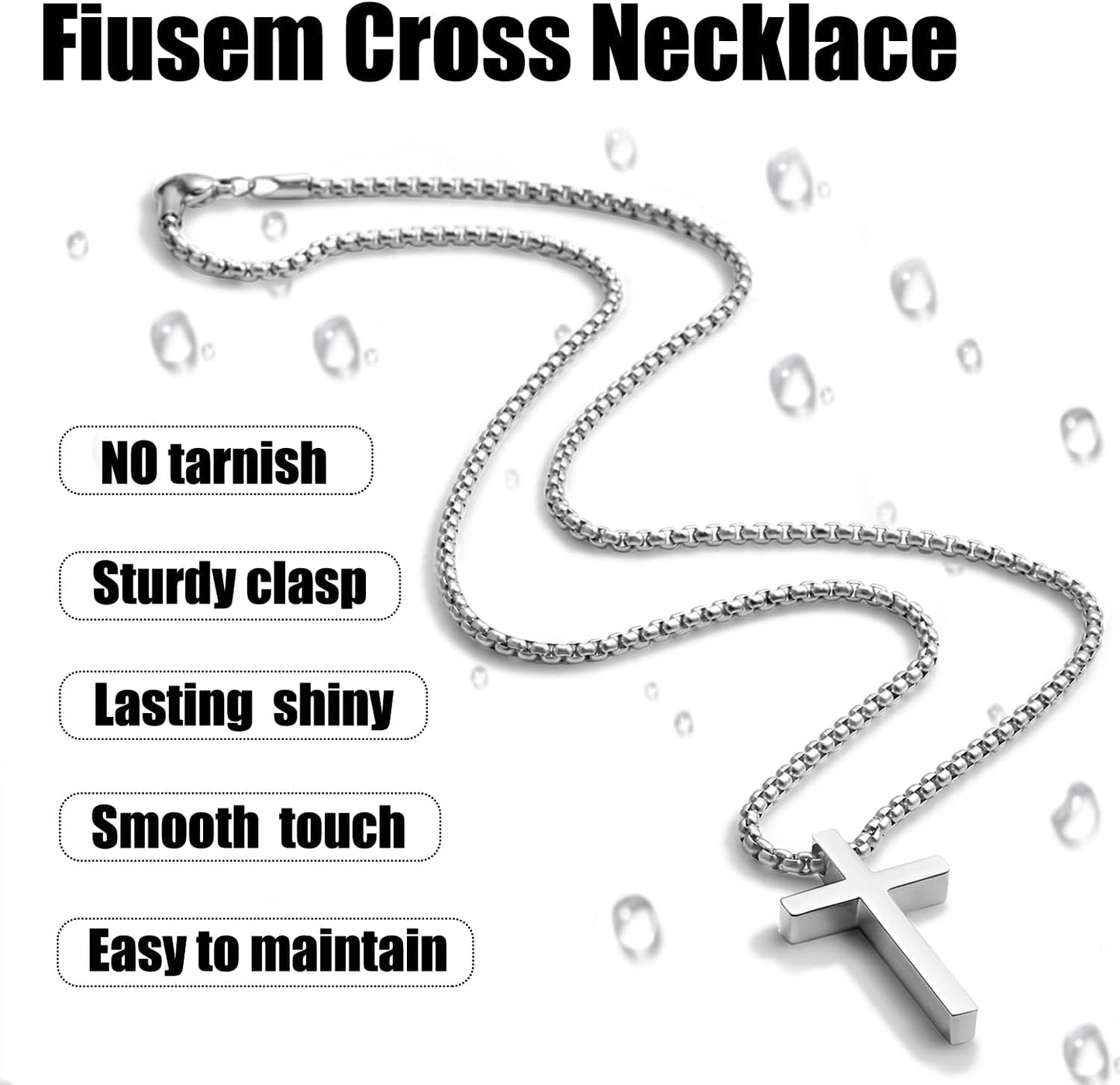 Cross Necklace for Men, Silver/Gold/Black Mens Cross Necklaces with 2.5mm Cross Chain and Stainless Steel Cross Pendant, Box Chain 16-24 Inch