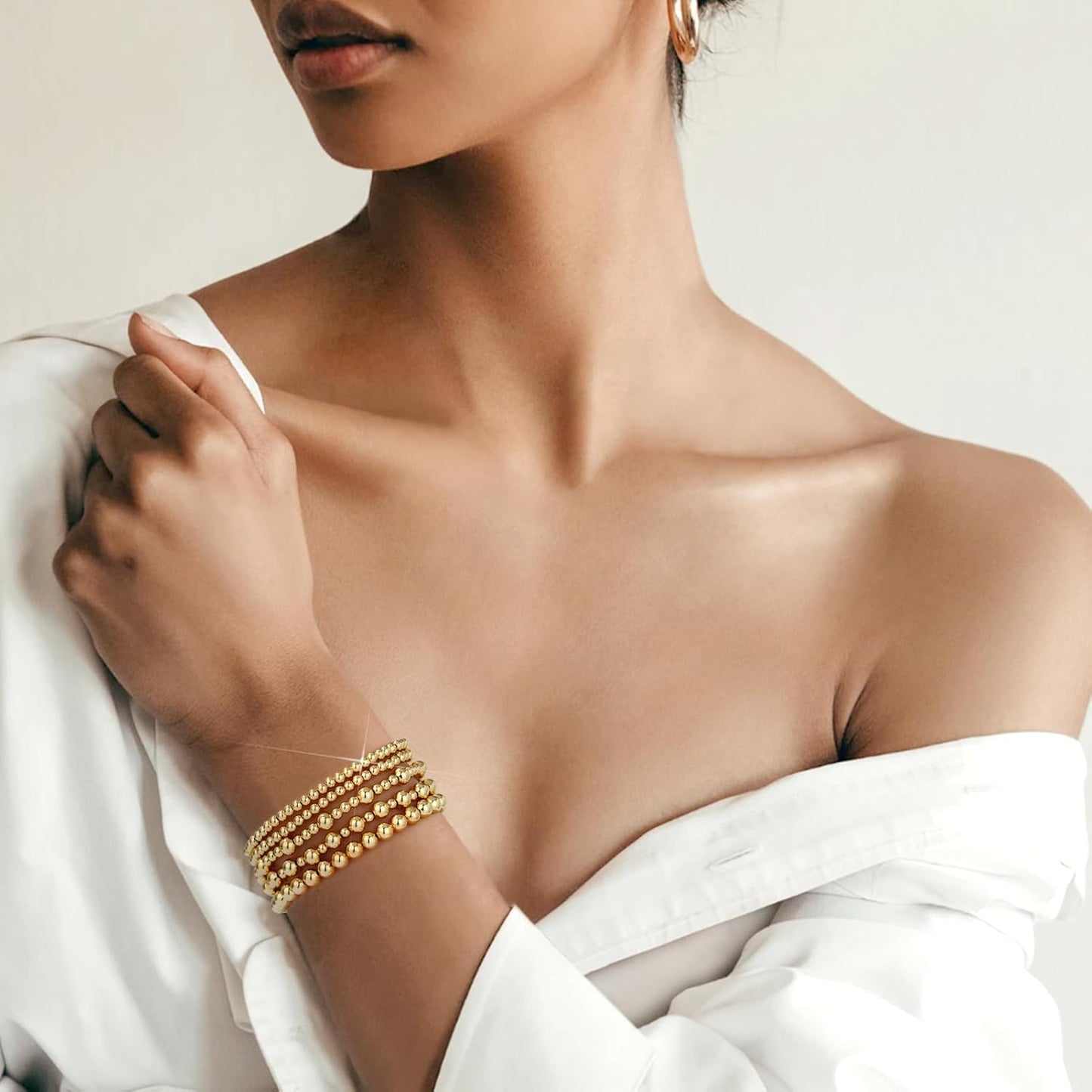 Gold Bracelets for Women, 14K Gold Plated Beaded Bracelets Gold Strand Bead Ball Bracelet stack Set Adjustable Bracelet Set Jewelry for Gifts