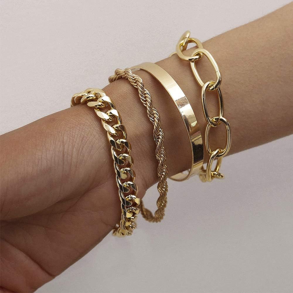 Gold Bracelets for Women, 14K Gold Plated Dainty Layered Chain Bracelets Adjustable Cute Bangle Link Bracelet Set