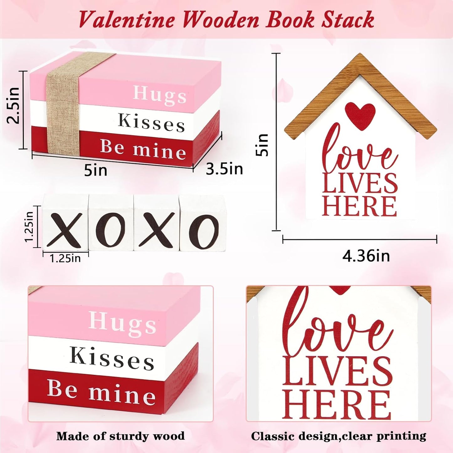 Valentines Day Decorations, Valentine Wood Book Stack with XOXO Blocks for Table Shelf Tiered Tray Decor