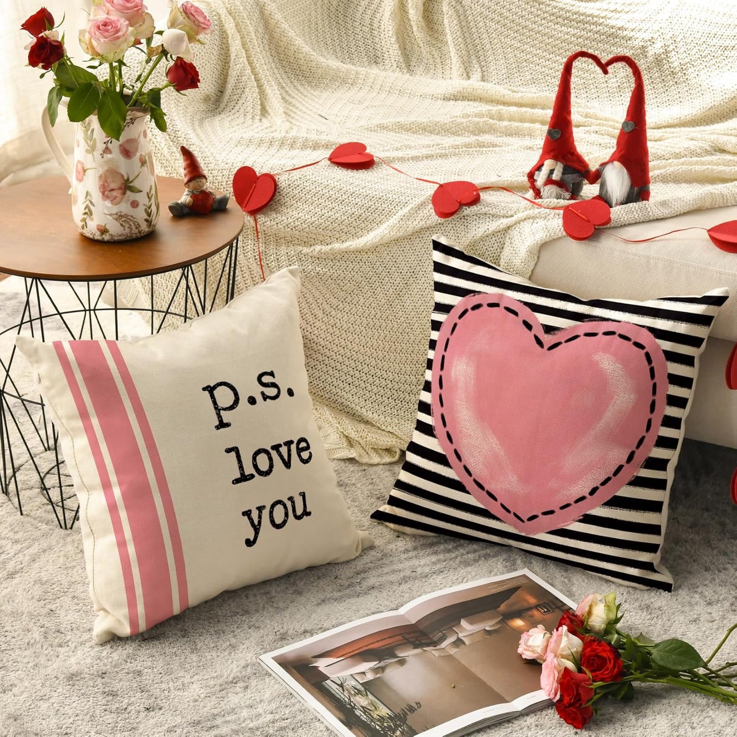Valentine's Day I Love You Throw Pillow Covers, 18 x 18 Inch Pink Valentine Heart Stripes