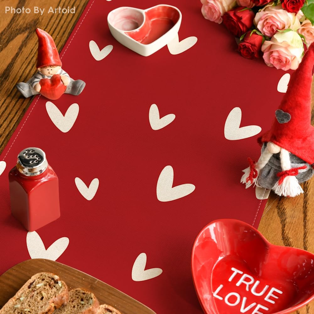 Red Love Valentine's Day Table Runner, Seasonal Anniversary Kitchen Dining Table Decoration for Indoor Home Party 13x72 Inch