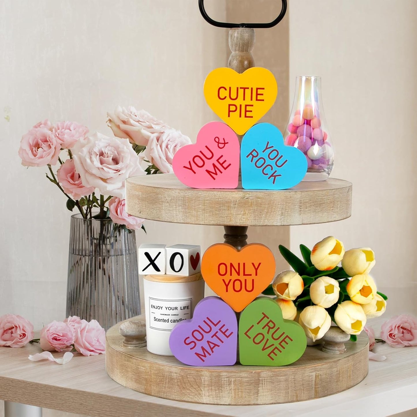 Valentines Day Decor - 6PCS Double-sided Wooden Valentine's Conversation Hearts for Tiered Tray Shelf Mantel Decor