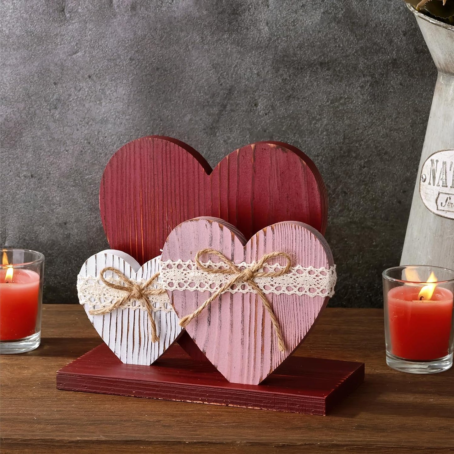 Rustic Red Pink White Wood Heart Table Valentines Day Decor Sign