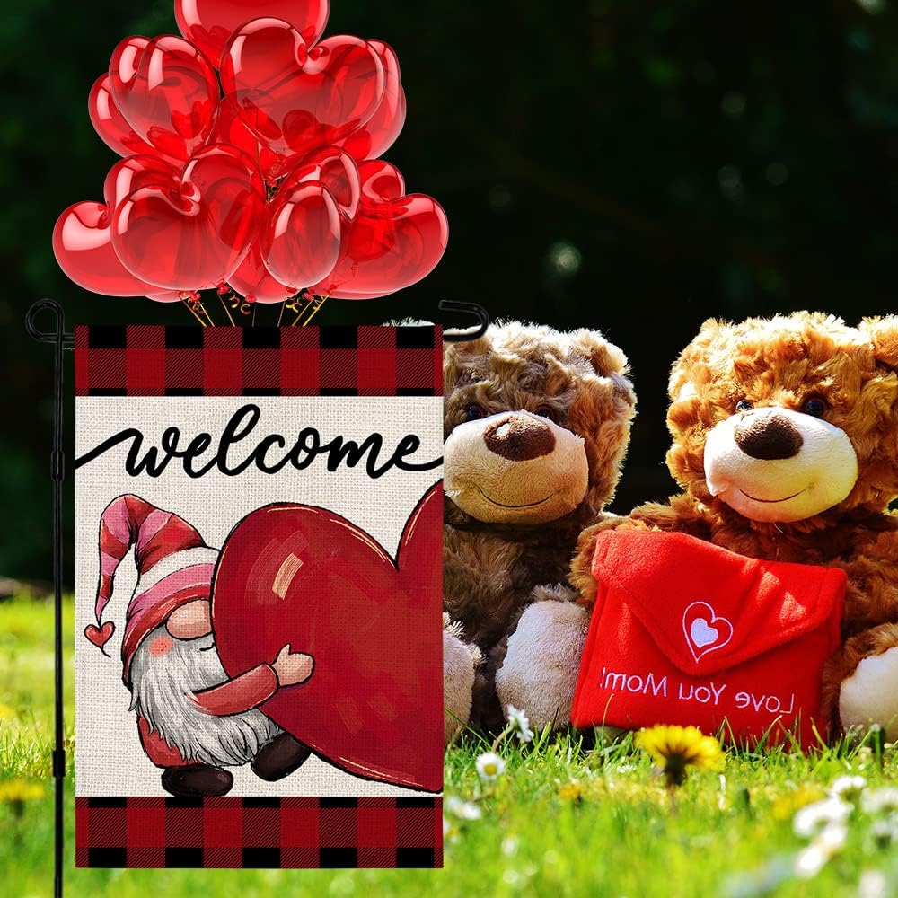 Welcome Gnome Love Heart Garden Flag Vertical Double Sided 12×18 Inch