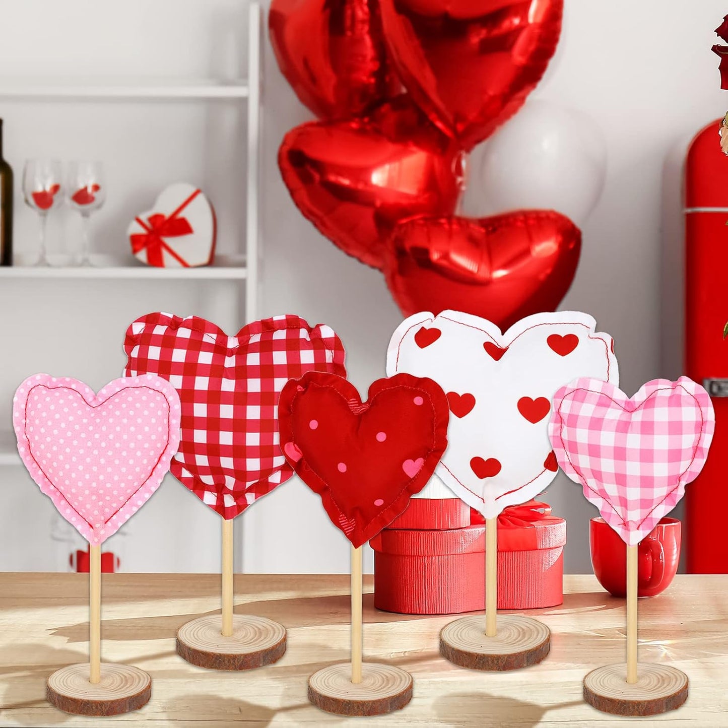 5Pcs Valentine's Day Fabric Tall Standing Heart Block Set Heart Tabletop Centerpiece Sign Wood Valentine Heart Standing Blocks