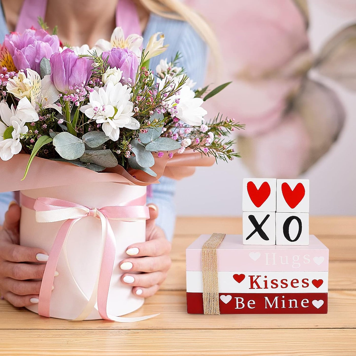 Valentines Day Decor, Wooden Book Stack with 4 XOXO Valentines Decor Signs
