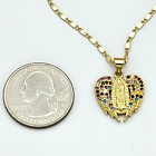 14K Gold Plated Our Lady of Guadalupe Multicolor CZ Wings Heart Pendant Necklace
