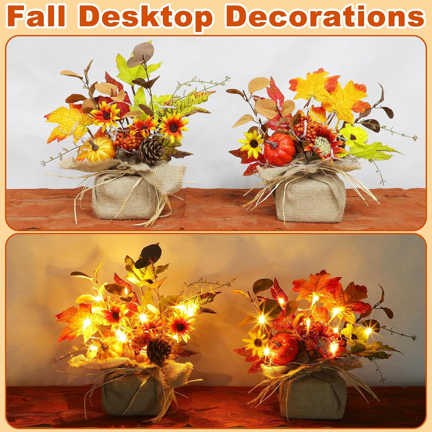 2 Pack 11 Inch Fall Maple Tree Thanksgiving Decor, Artificial Tabletop Fall Tree with 20 LEDs Battery Powered