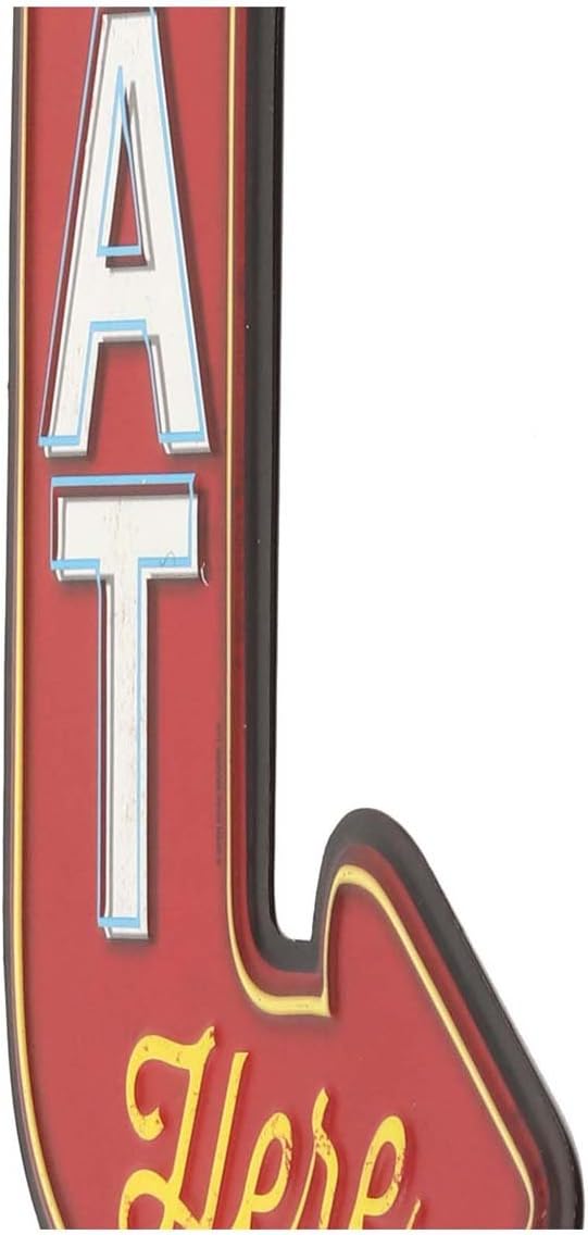 Eat Here Arrow Embossed Metal Sign - Vintage Diner Sign for Kitchen, Red/White
