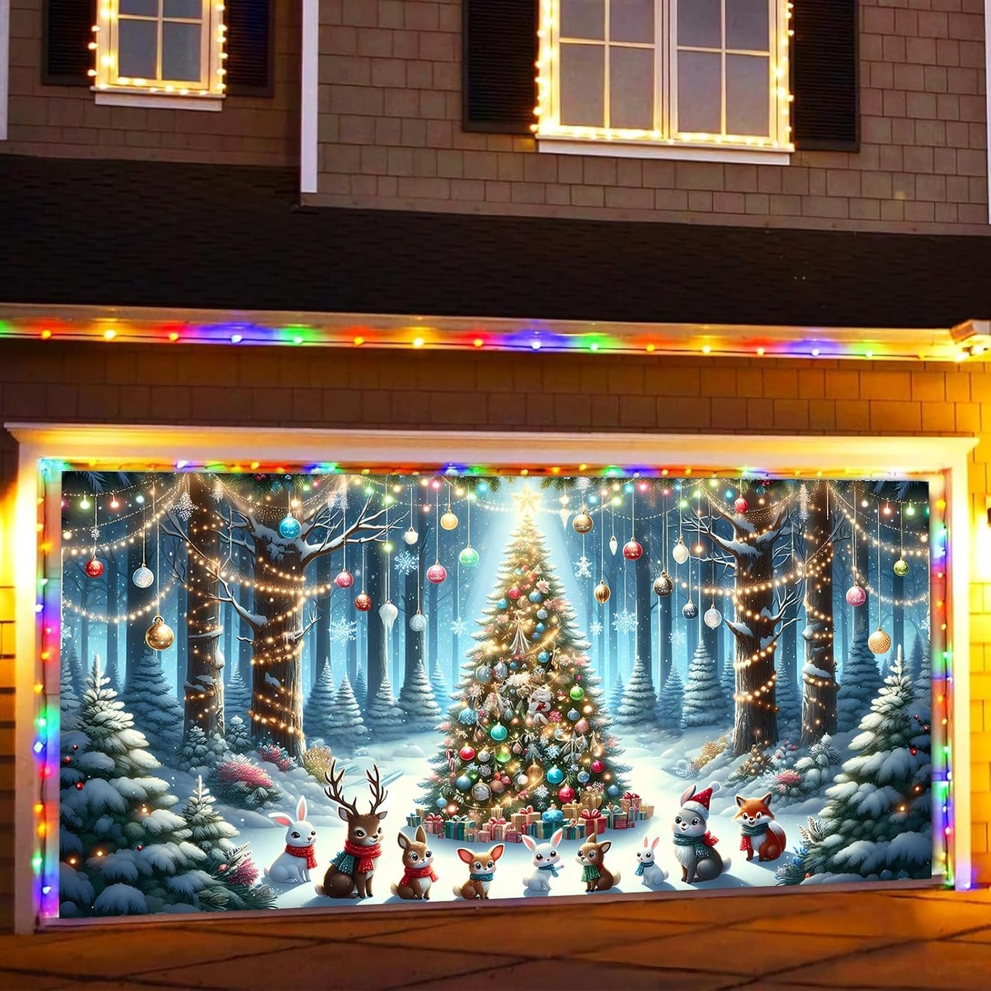 Xmas Garage Door Banner Covering Decor Large Garage Door Christmas Mural Backdrop Background, 13x6 ft