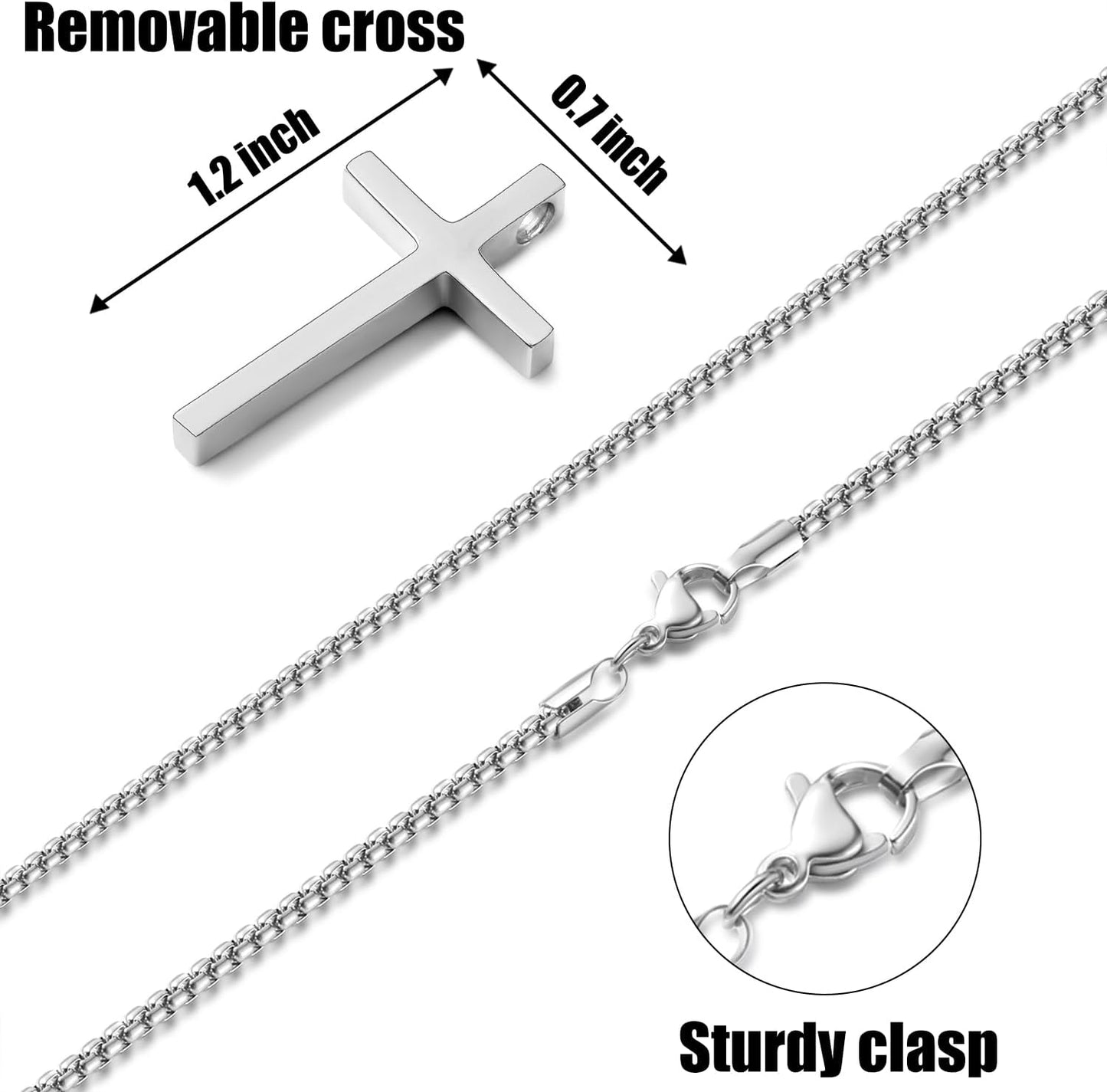Cross Necklace for Men, Silver/Gold/Black Mens Cross Necklaces with 2.5mm Cross Chain and Stainless Steel Cross Pendant, Box Chain 16-24 Inch