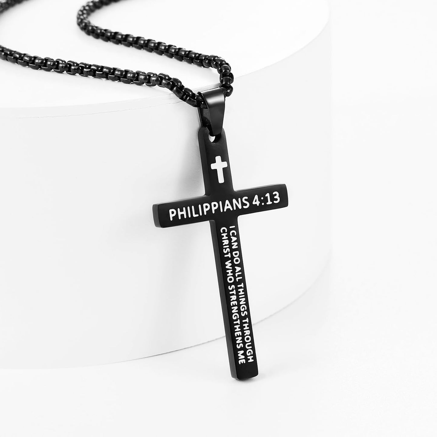 Bible Verse Cross Necklace for Men, Stainless Steel Mens Necklace, Black/Gold/Silver Tone Cross Pendant for Men