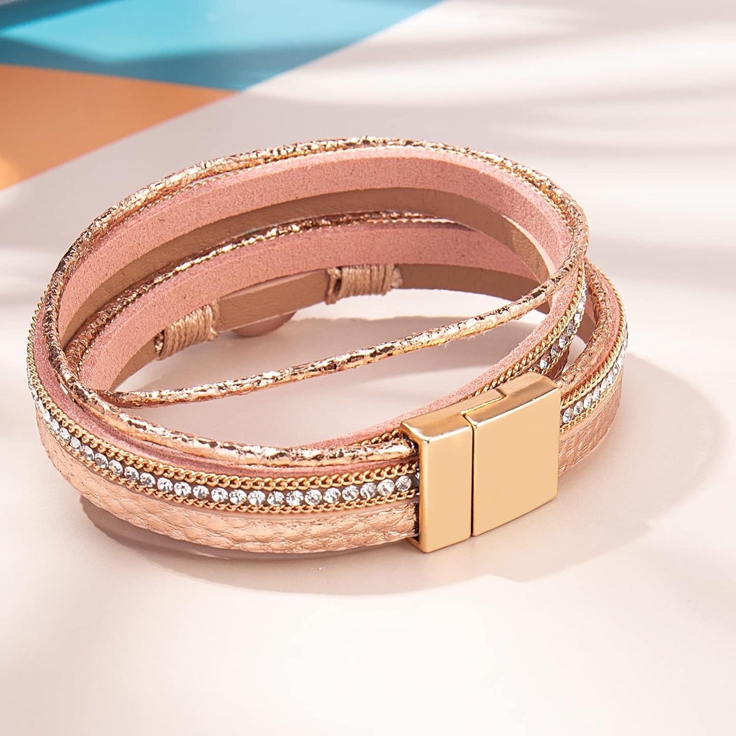 Boho Wrap Bracelets Leather Cuff Bracelet Bohemian Jewelry Resin Stone Leather Necklace with Clasp for Women, Rose Gold