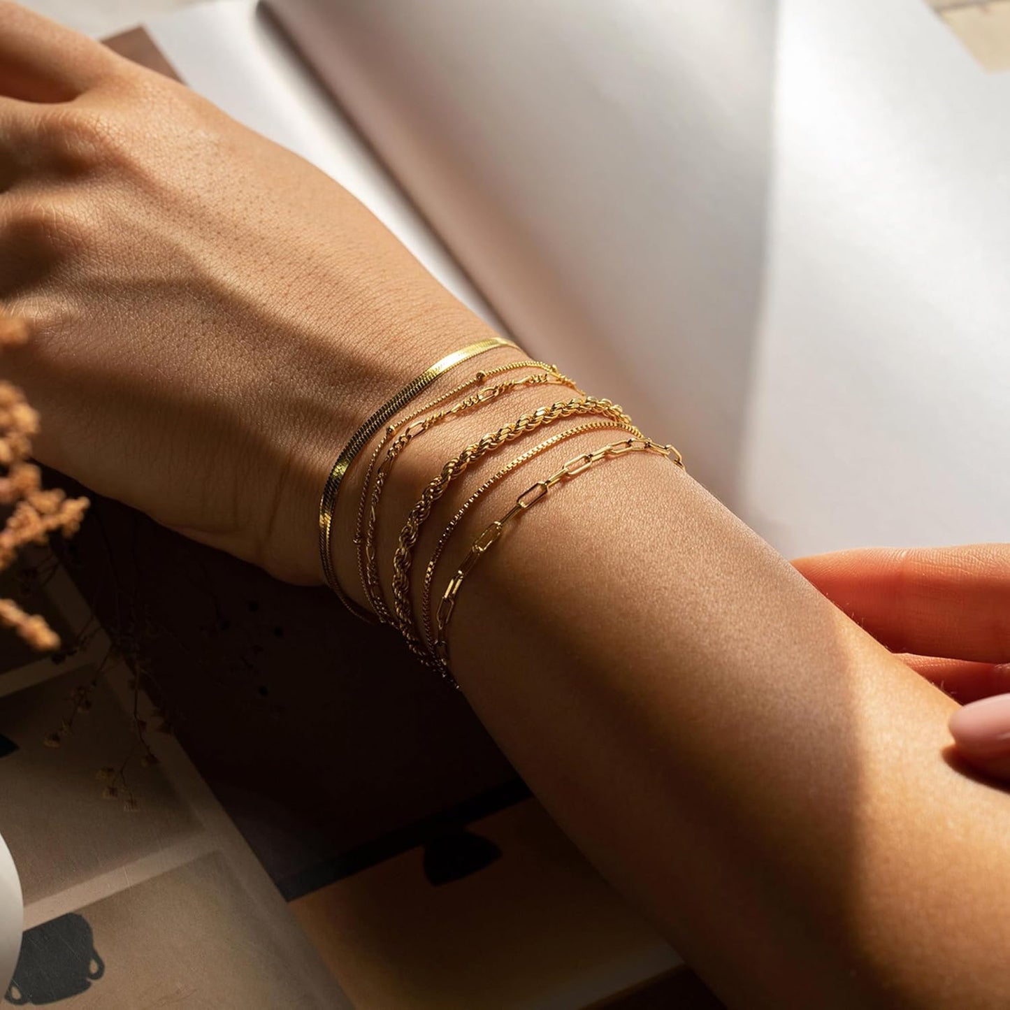 Gold Bracelets for Women,Dainty 14K Gold Plated Stack Set Trendy Stackable non tarnish Paperclip Chain Bracelets Gold Jewelry Sets Gifts for Women