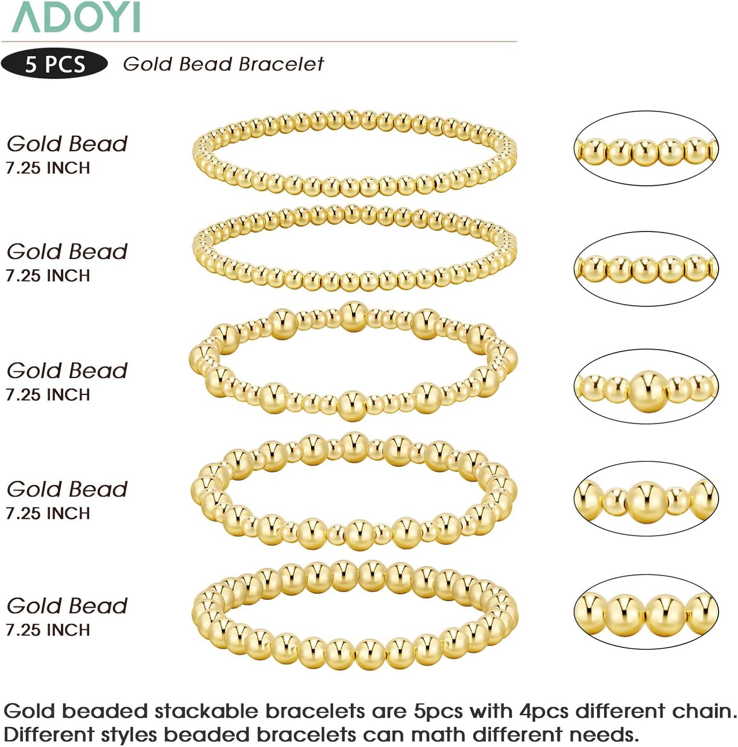 Gold Bracelets for Women, 14K Gold Plated Beaded Bracelets Gold Strand Bead Ball Bracelet stack Set Adjustable Bracelet Set Jewelry for Gifts