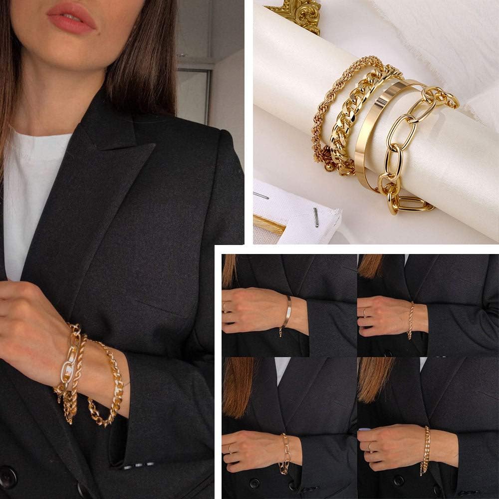 Gold Bracelets for Women, 14K Gold Plated Dainty Layered Chain Bracelets Adjustable Cute Bangle Link Bracelet Set