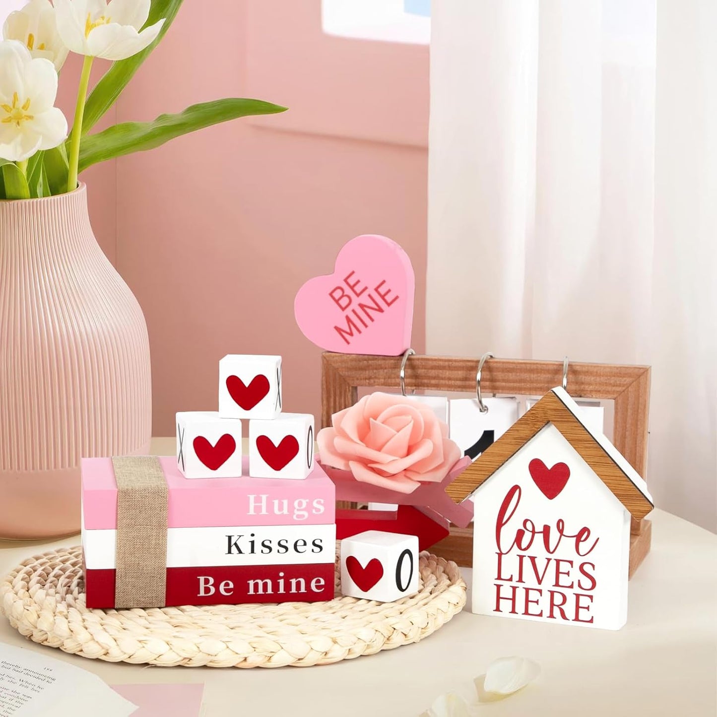 Valentines Day Decorations, Valentine Wood Book Stack with XOXO Blocks for Table Shelf Tiered Tray Decor