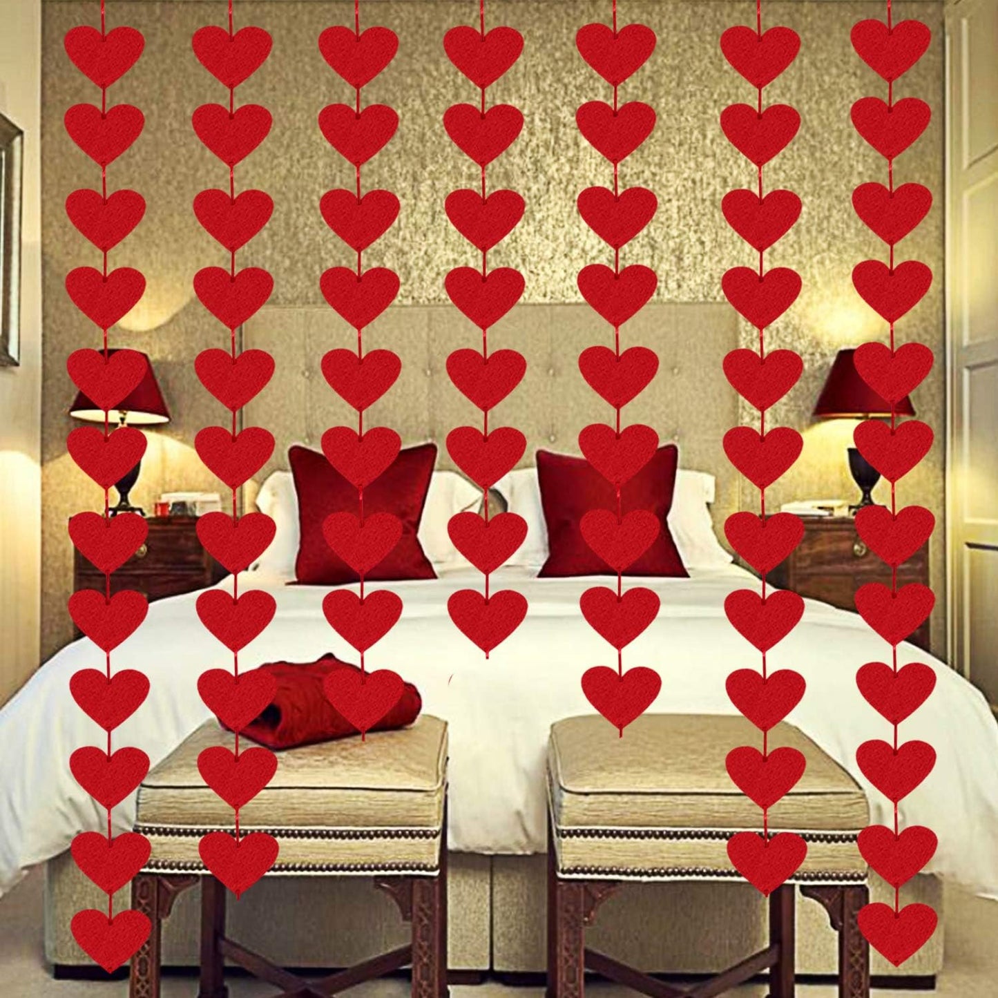 72 Red Hearts Felt Garland - NO DIY - Valentines Day Red Heart Hanging String Garland